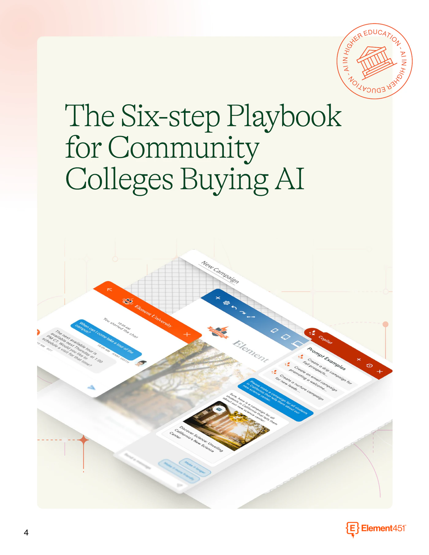 Guide page titled The Six-step Playbook for Community Colleges Buying AI, with product screens showing chat, campaign, and Copilot views.