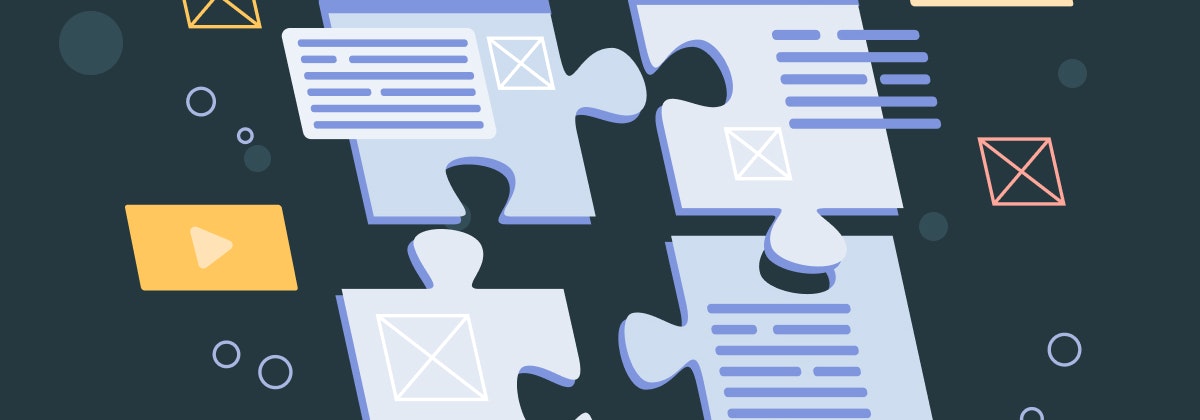Puzzle pieces combining to create a document with play buttons and envelopes.