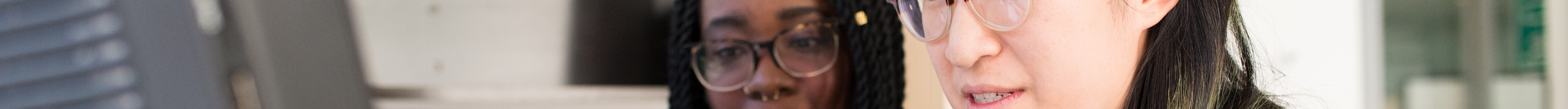 Two women working together at a standing desk on their laptops