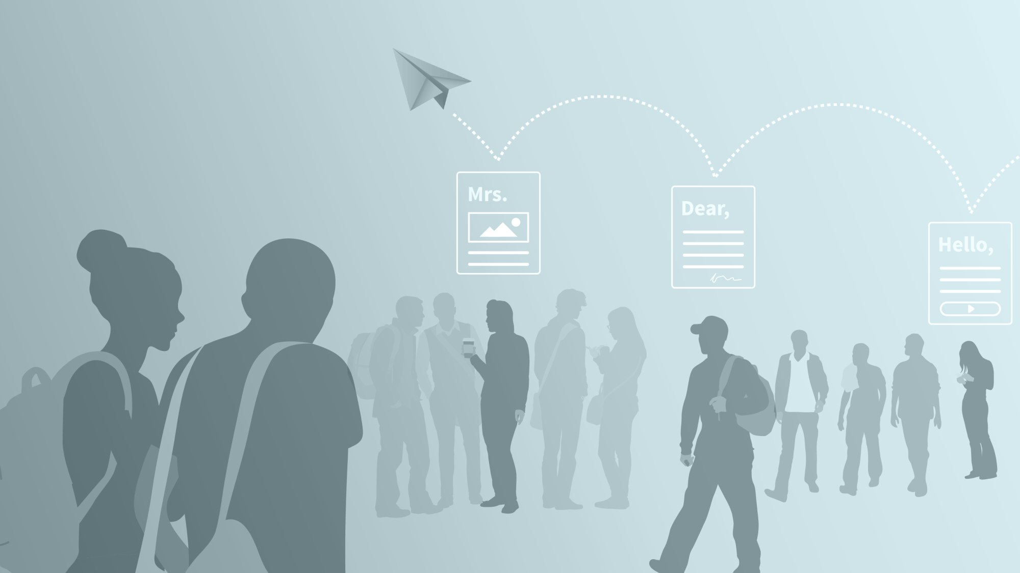 Students doing various activities: walking and talking, looking at phone, reading emails or messages