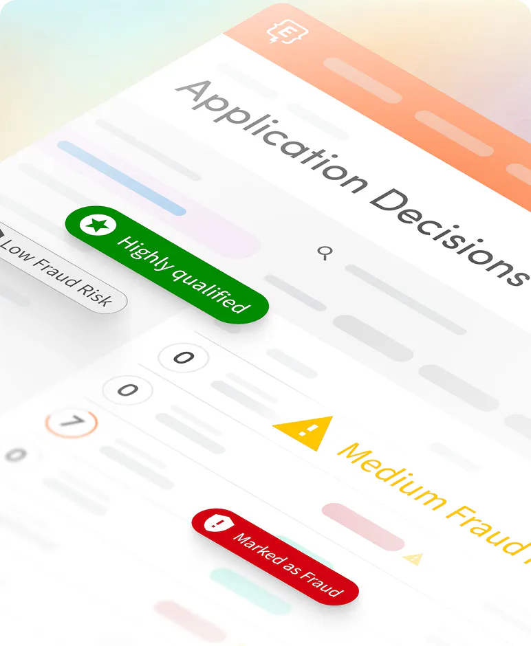Screens showing how to detect application fraud automatically in Element451