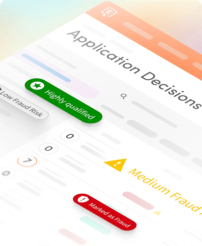 Screens showing how to detect application fraud automatically in Element451