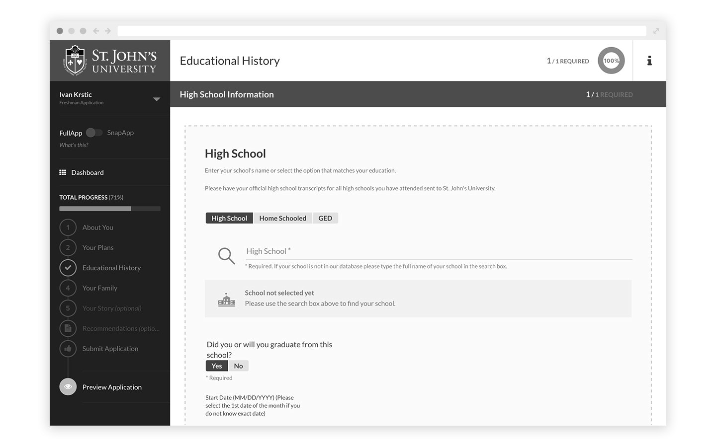 Graphical user interface of looking up a CEEB code in an application in Element451