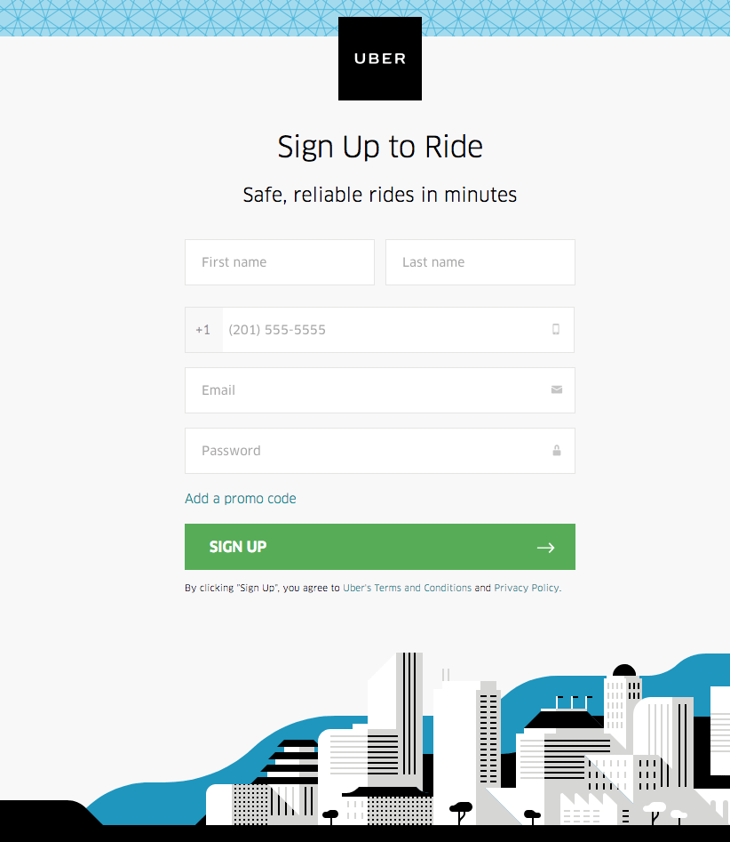 Uber sign up landing page