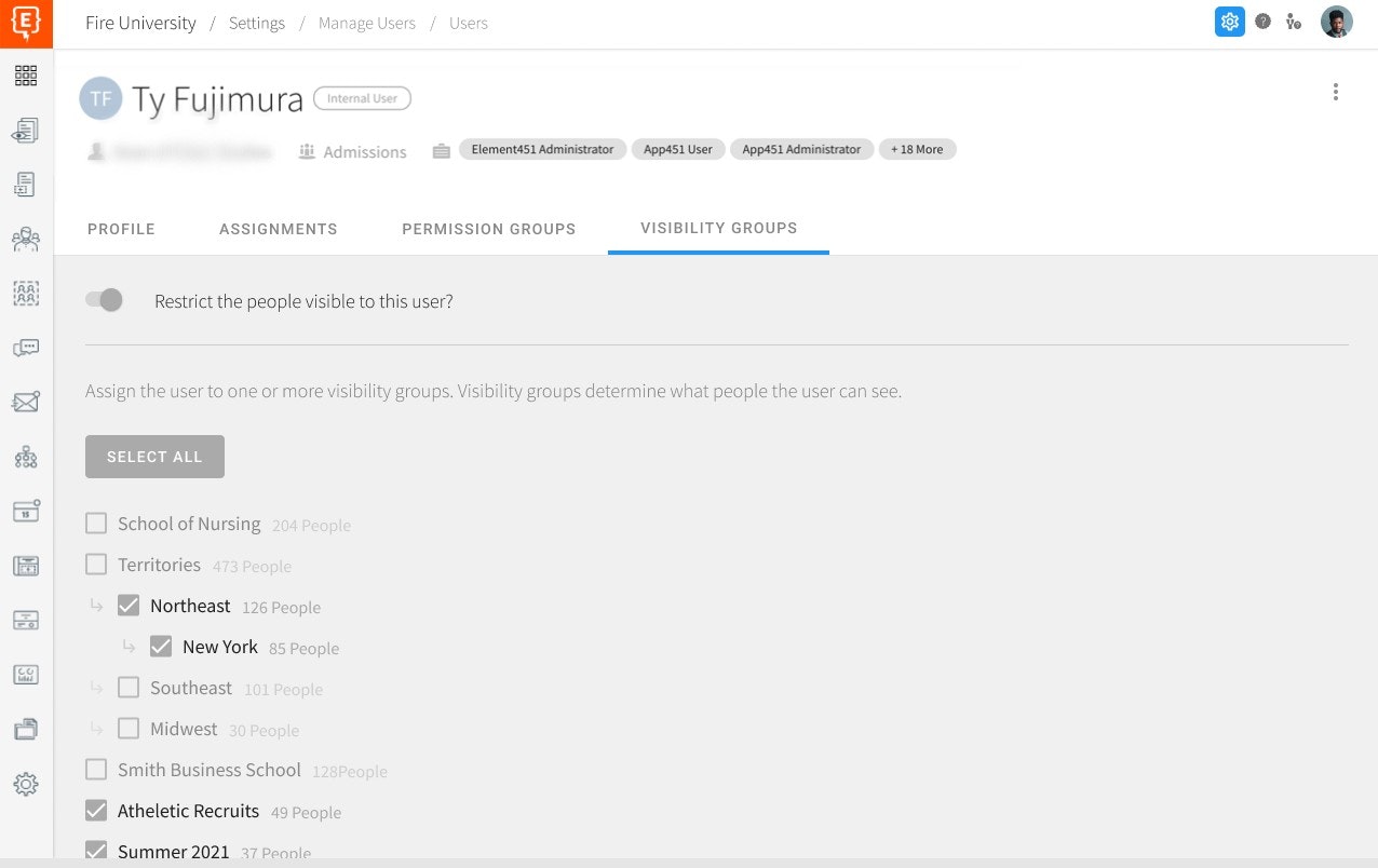 View of the visibility groups section on the Element451 admissions and enrollment platform