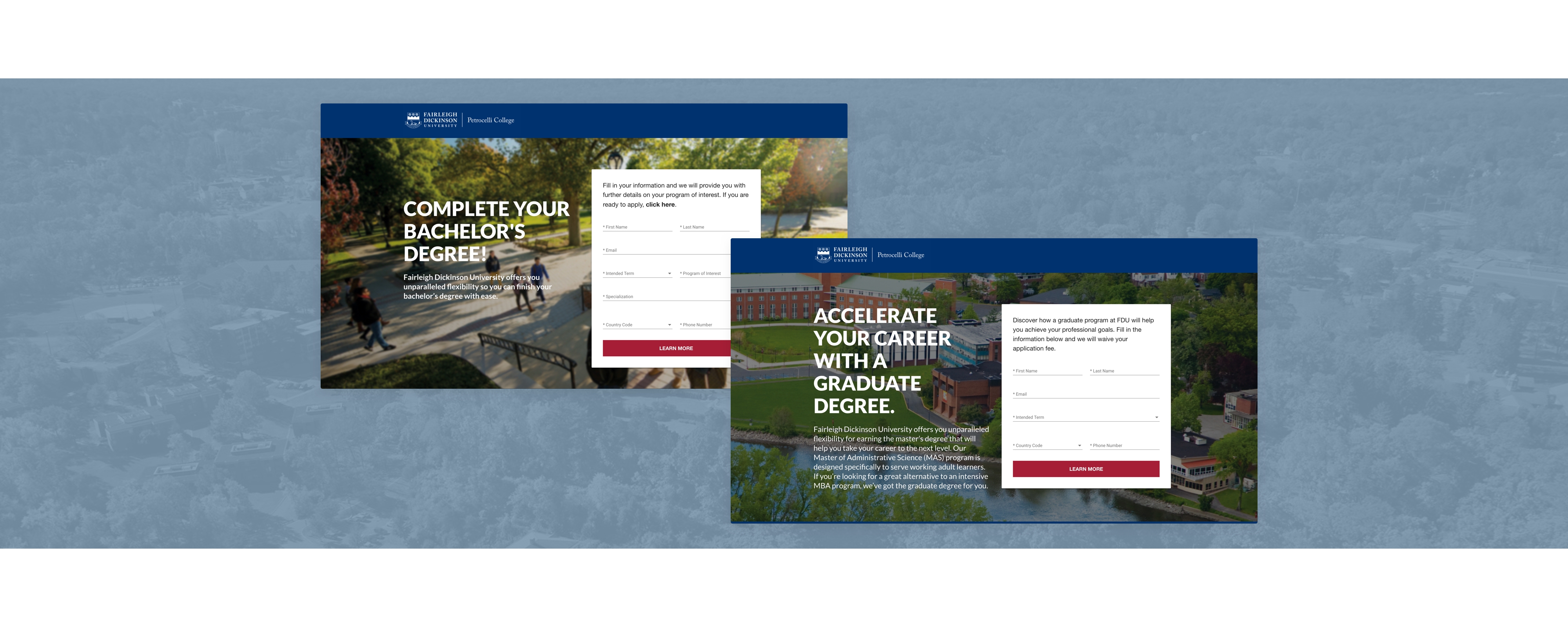 A screenshot of a front end view of two different landing pages.