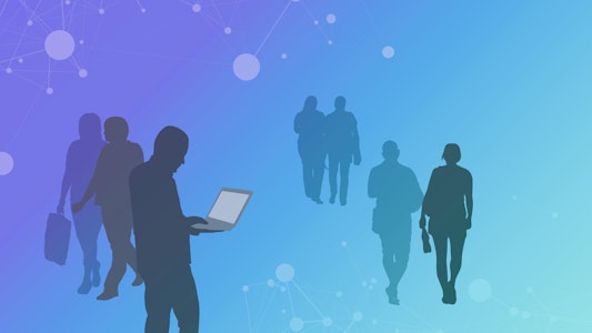 A picture containing people doing different activities: walking and talking, looking at laptop