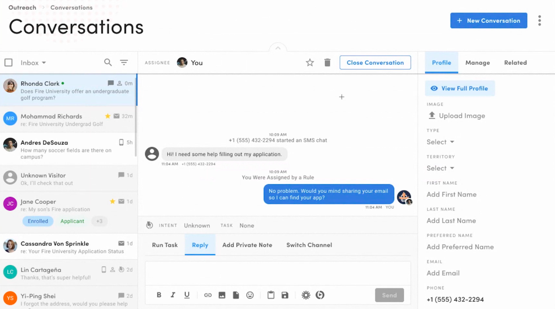A look inside Conversations in the Element451 CRM.