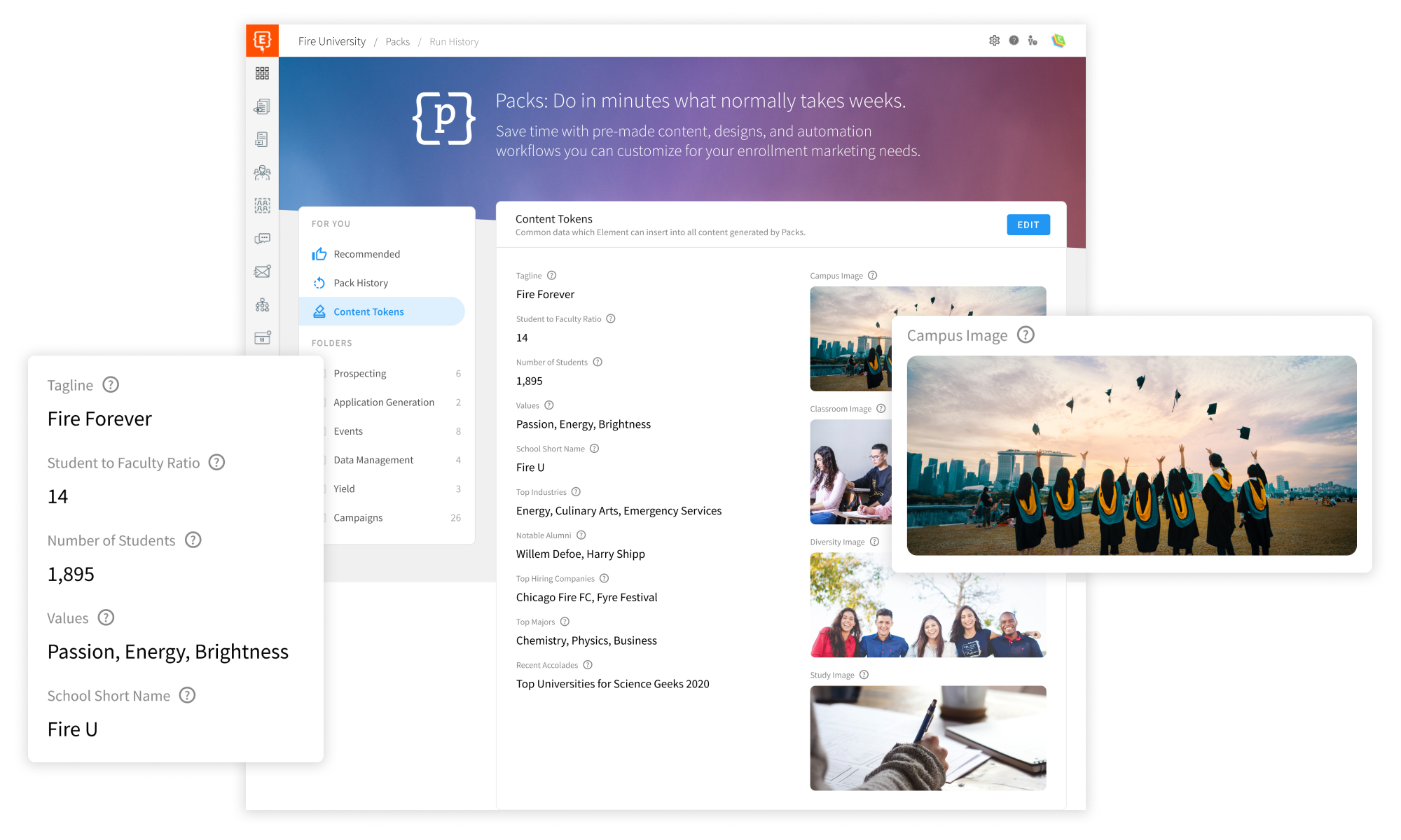 Screenshots of Packs campaign building featuring content tokens.