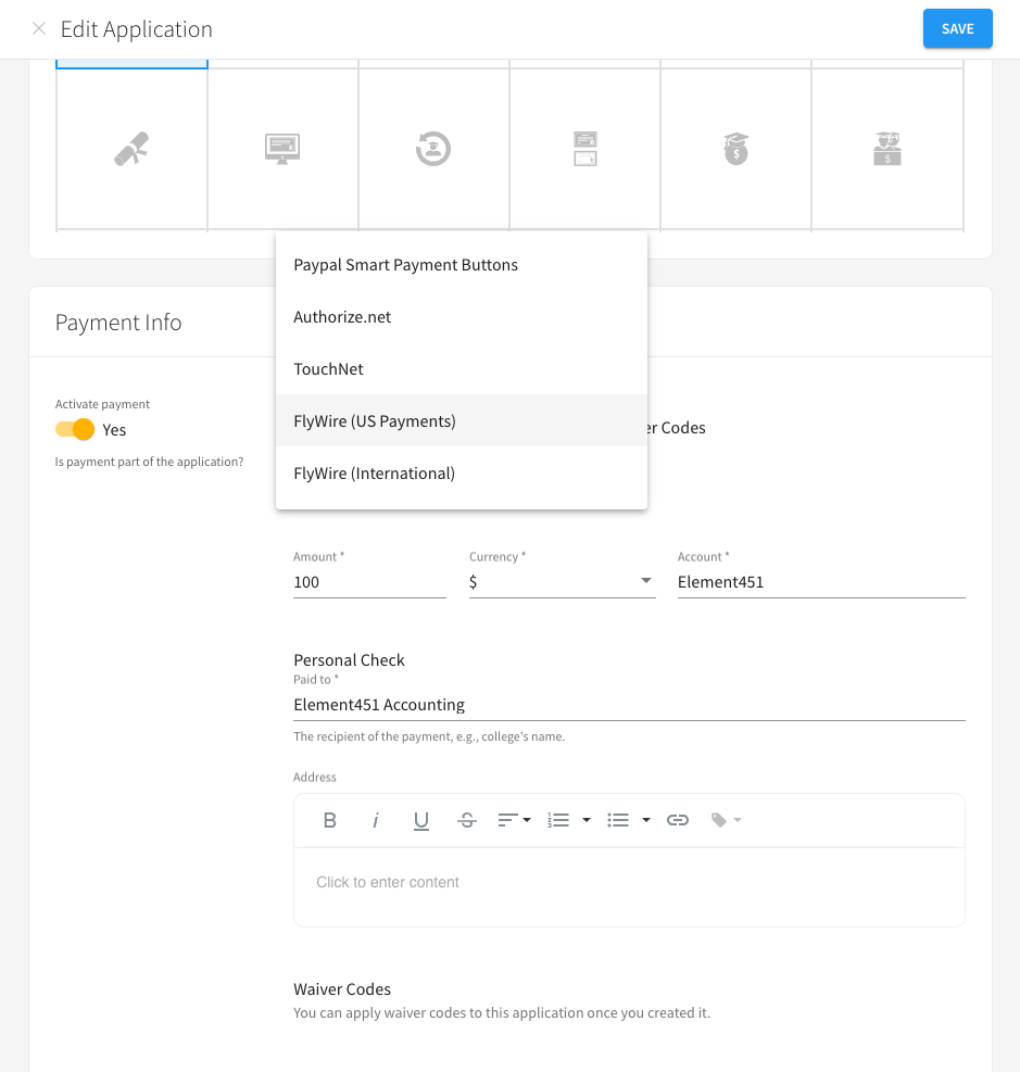 A screenshot showing the process of utilizing Flywire through the Element451 CRM