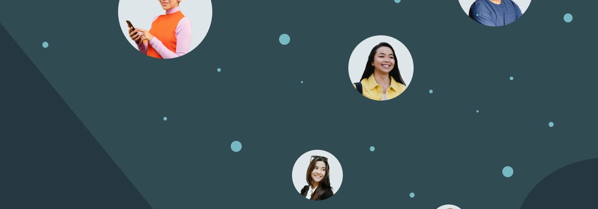 Graphic showing Admissions data and little circles showing student faces moving toward the data.
