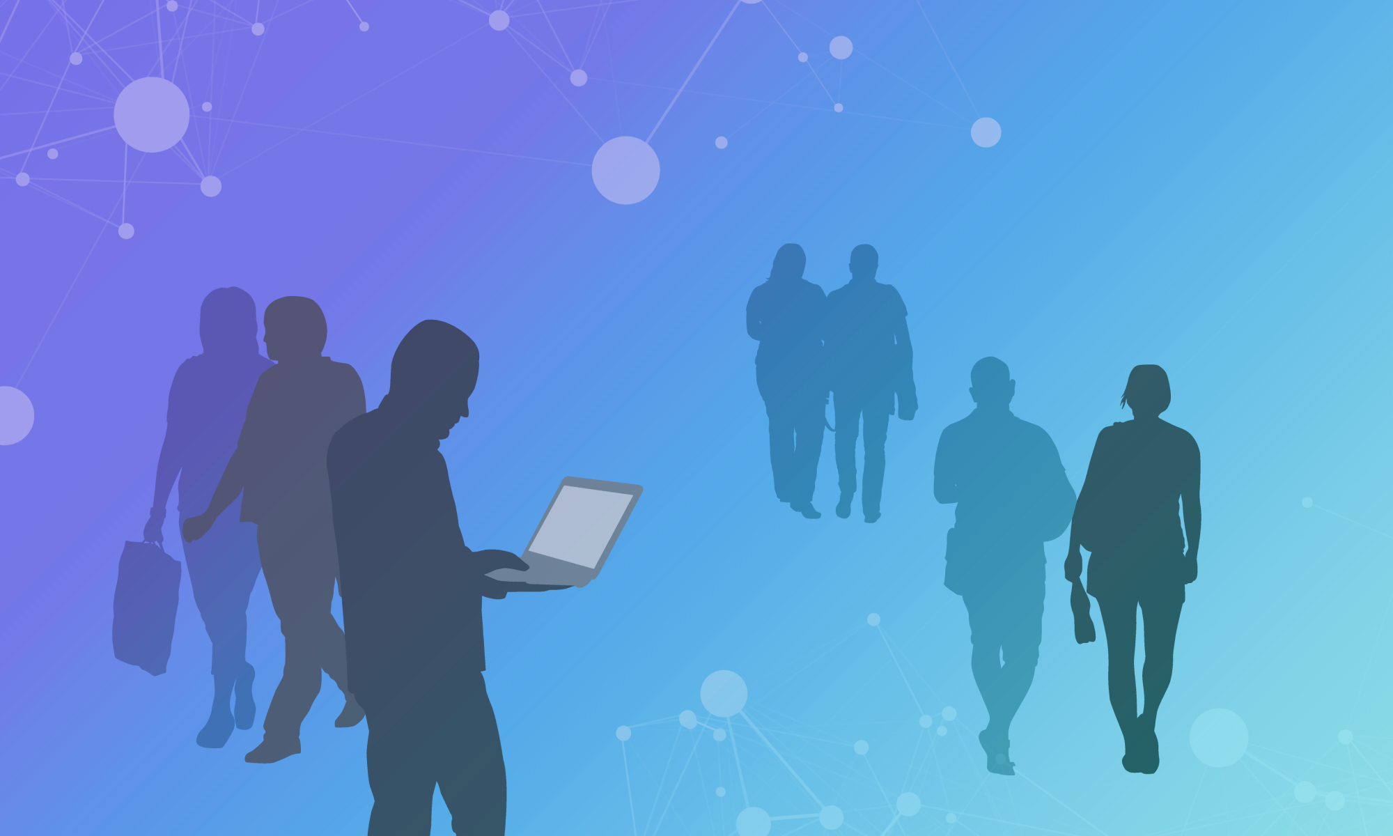 An illustration of silhouettes of students on a purple and blue background
