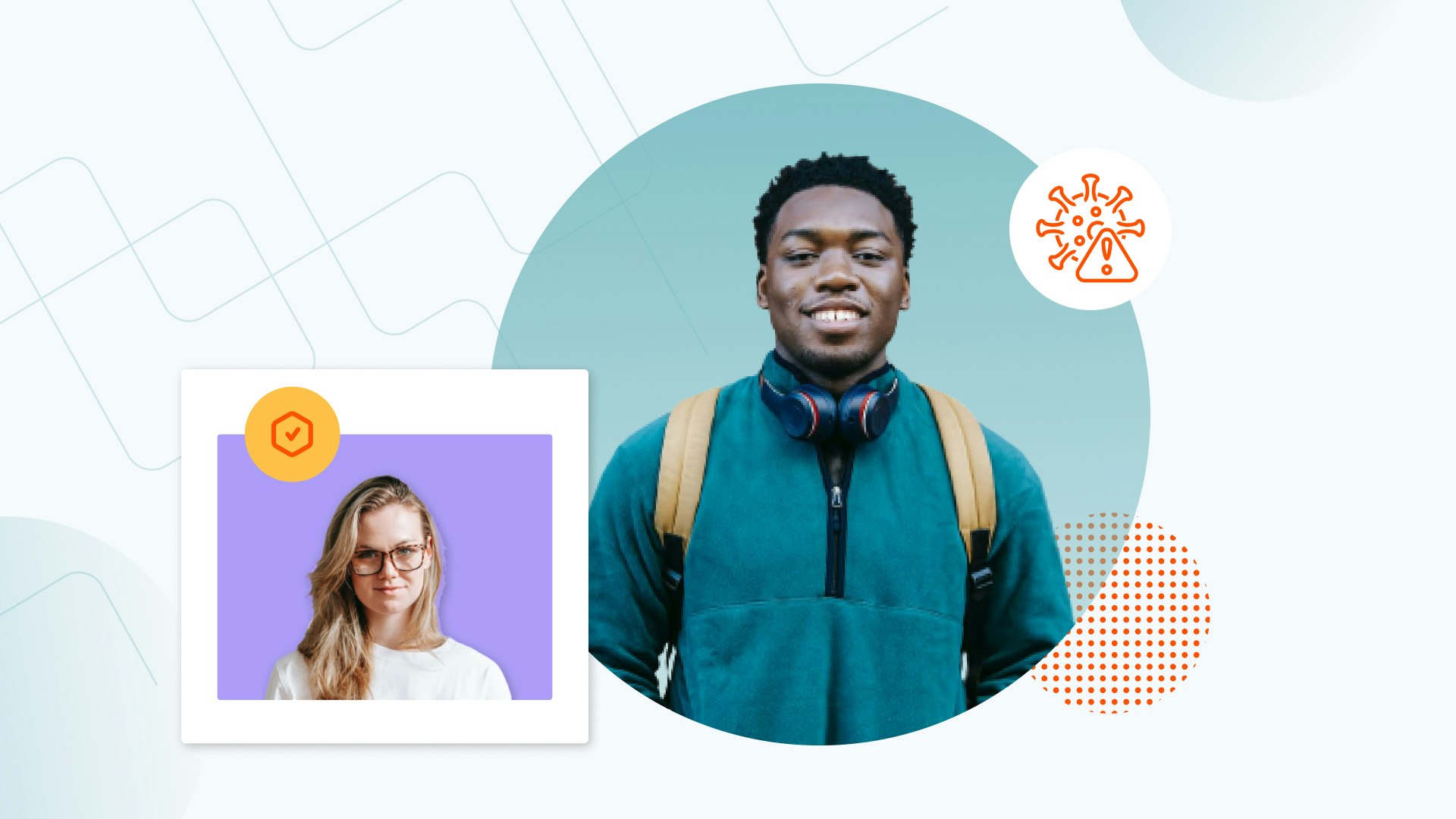 Two students smiling with a checkmark and coronavirus icon next to them.
