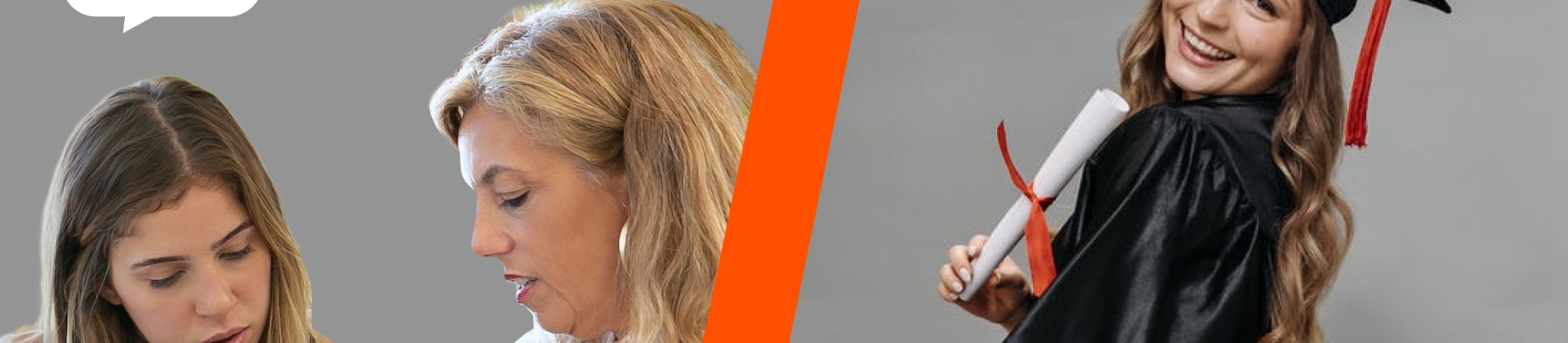 Image of two women looking at a computer screen divided by an image of a graduating student