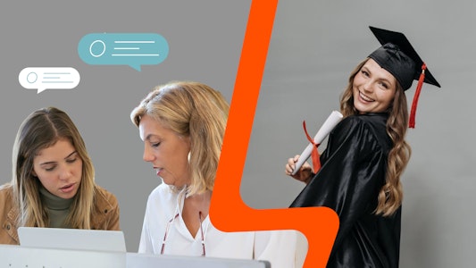 Image of two women looking at a computer screen divided by an image of a graduating student