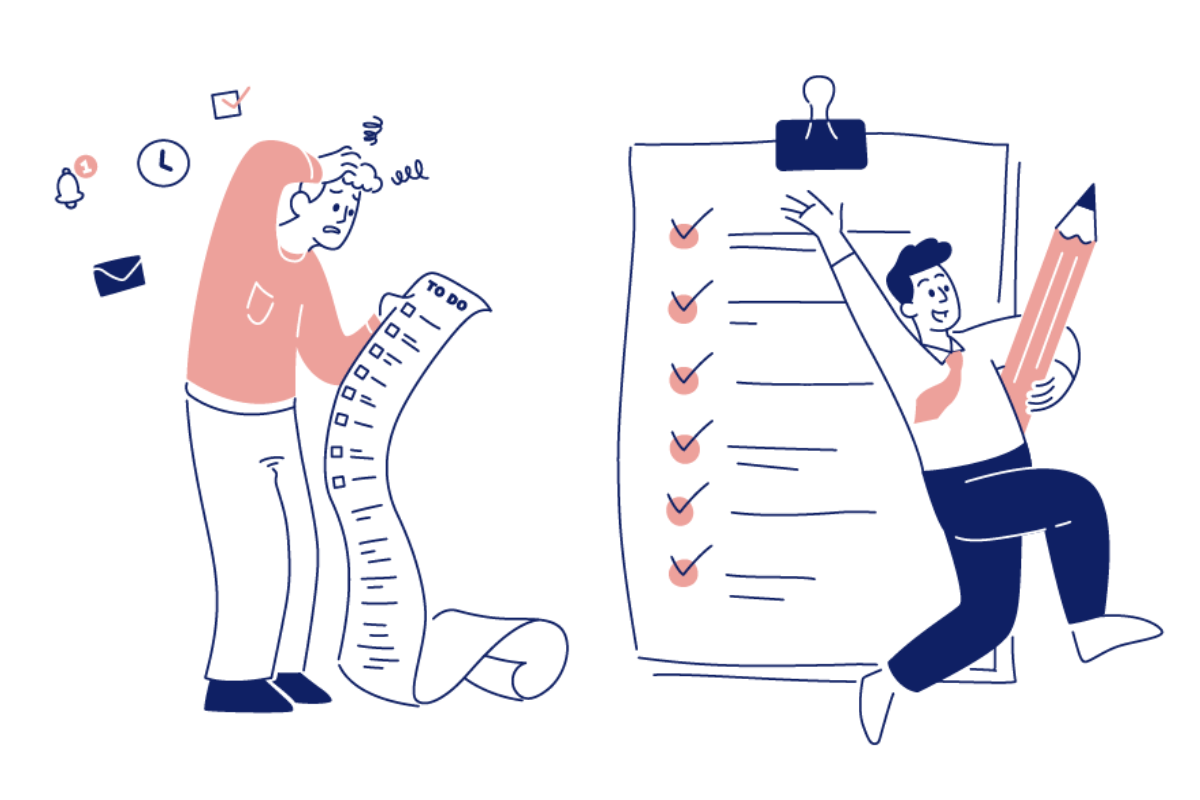 Illustration showing someone with too many items on their to do list and another person happy because they completed all their tasks with Element451 Bolt Tasks