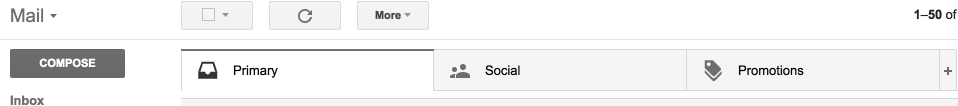 Screenshot of Gmail's three tabs: Primary, Social, and Promotions.