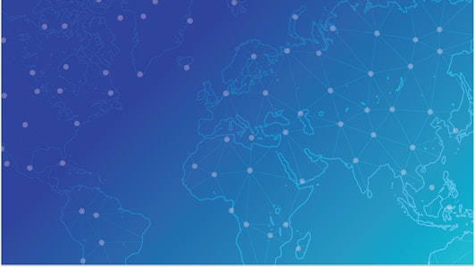 A digitalized world map with a central focus to Europe, connected by a web of dots.