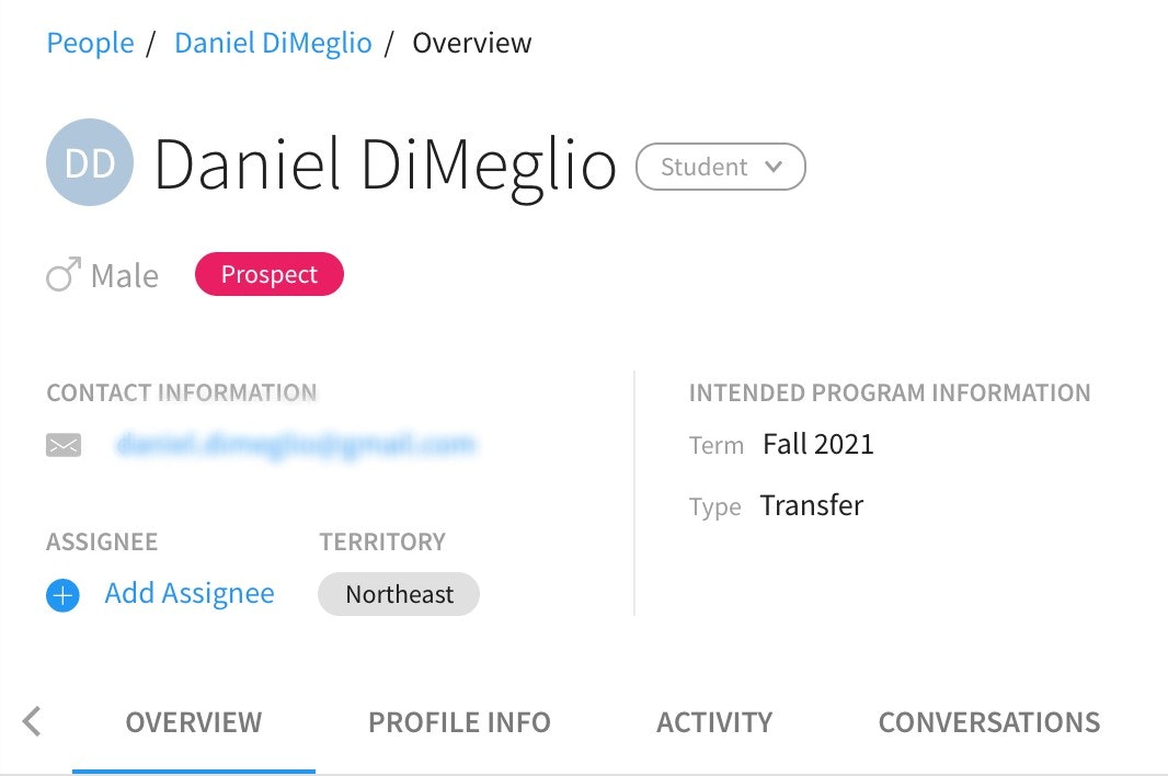 the add assignee section of a student profile in the Element451 higher-ed CRM platform