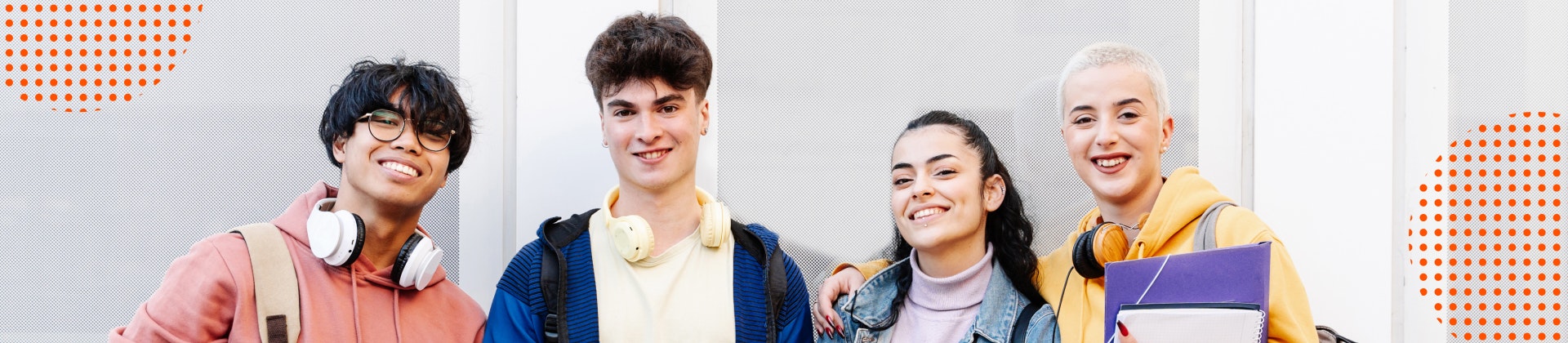A group of students with headphones, binders and backpacks.