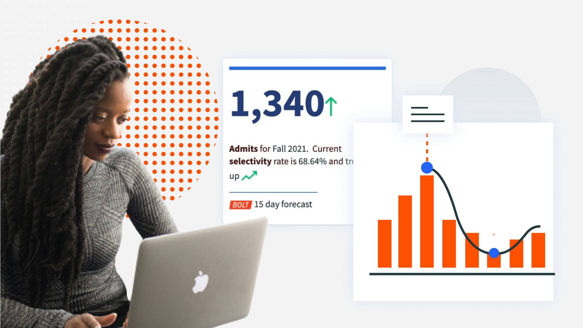 Young woman on a laptop. Charts and graphs surround her.