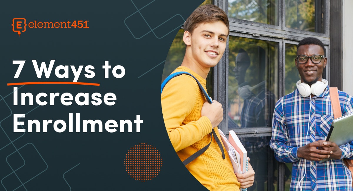 A white male student and a Black male student leaning up against windows wearing backpacks and holding notebooks and laptops. The words "7 Ways to Increase Enrollment" and the Element451 surround them.