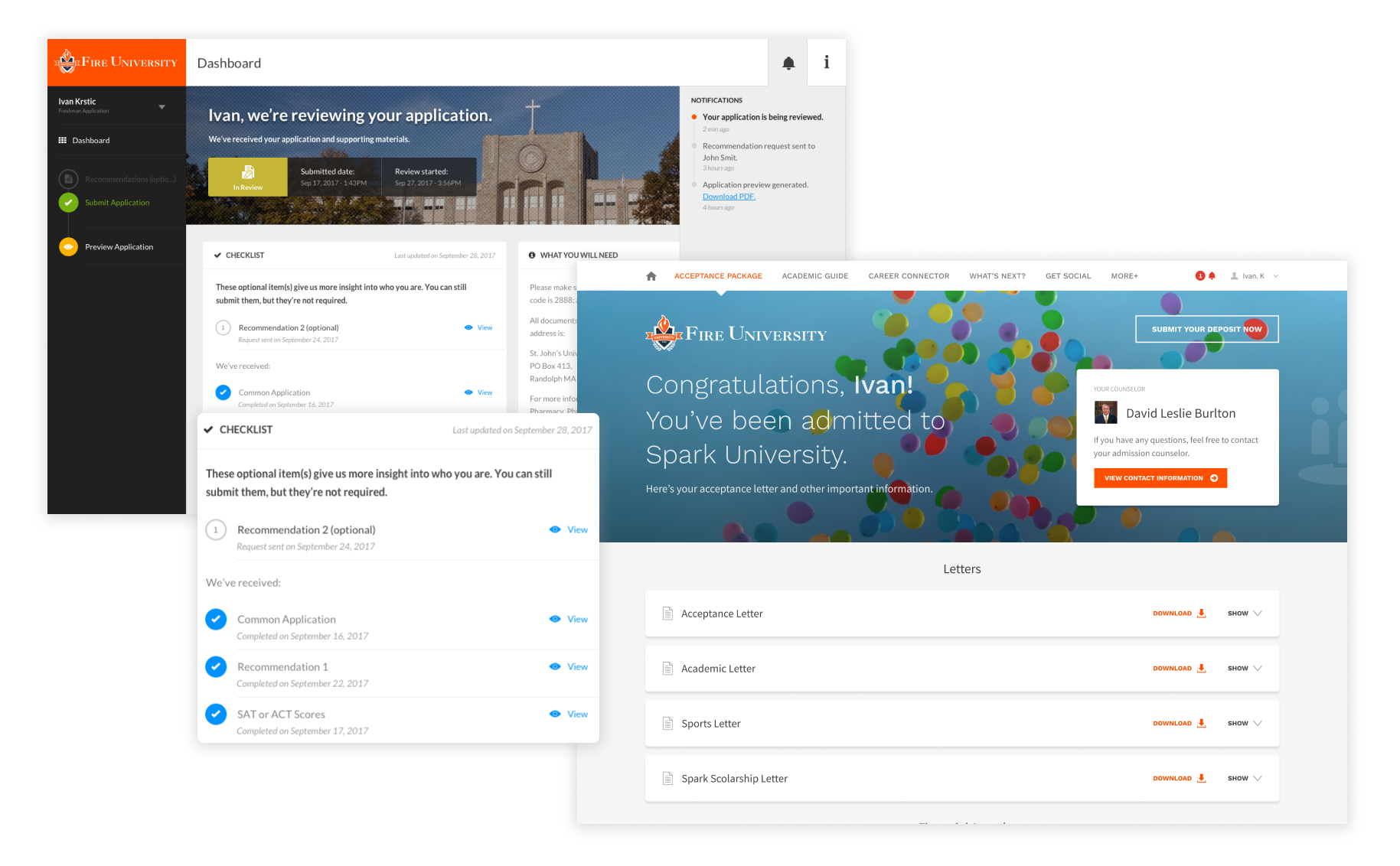 Screenshots of a student experience from submitting an application to being admitted to a school.