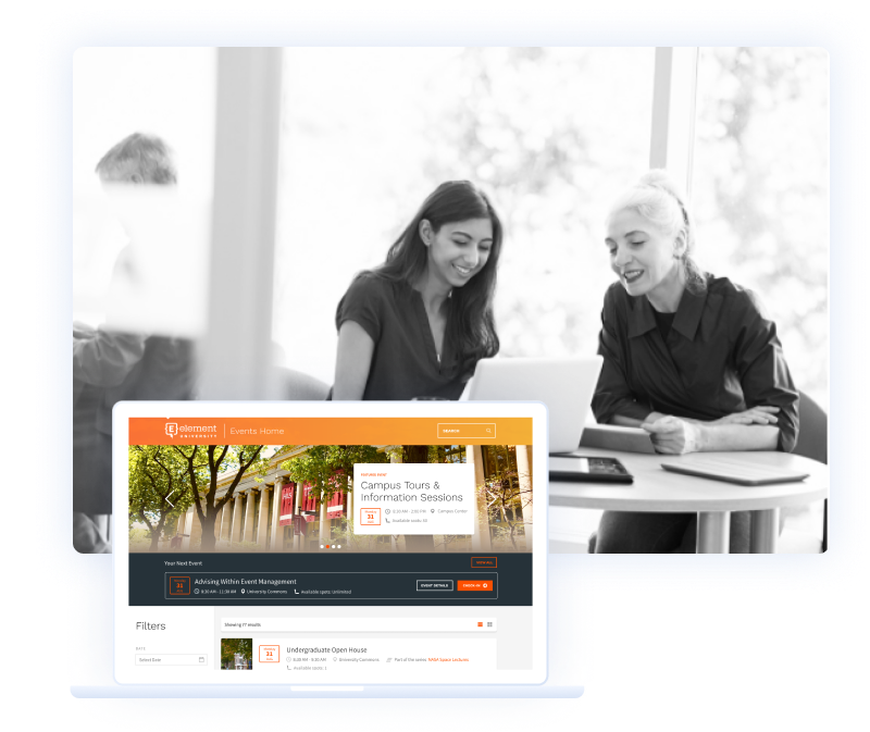 A web page screenshot of the events home page in the Element451 events portal functionality.