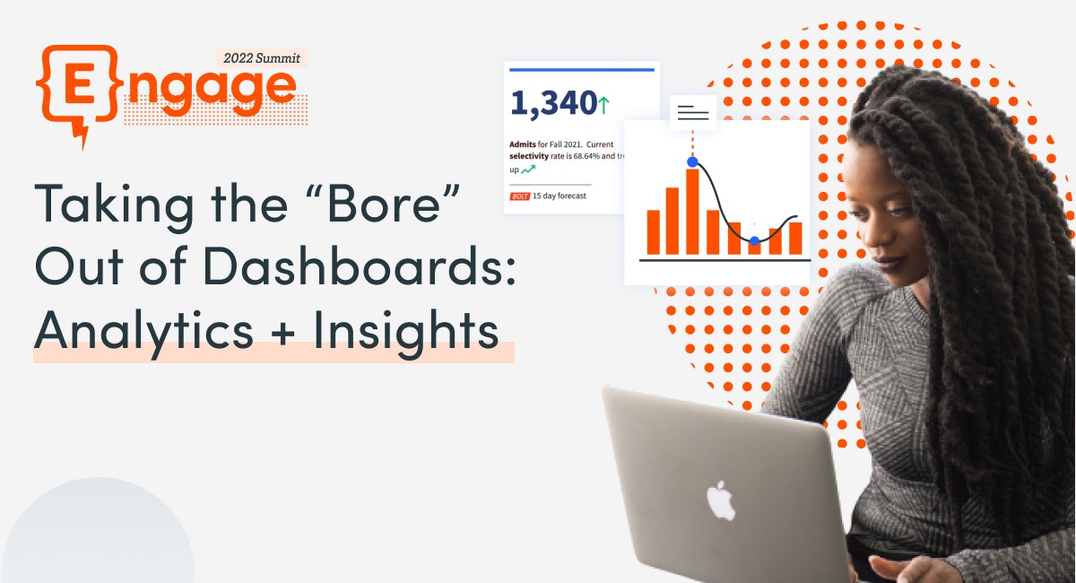 Young woman on a laptop. Charts and graphs surround her. The words "Taking the 'Bore' Out of Dashboards: Analytics + Insights" and the Element451 logo