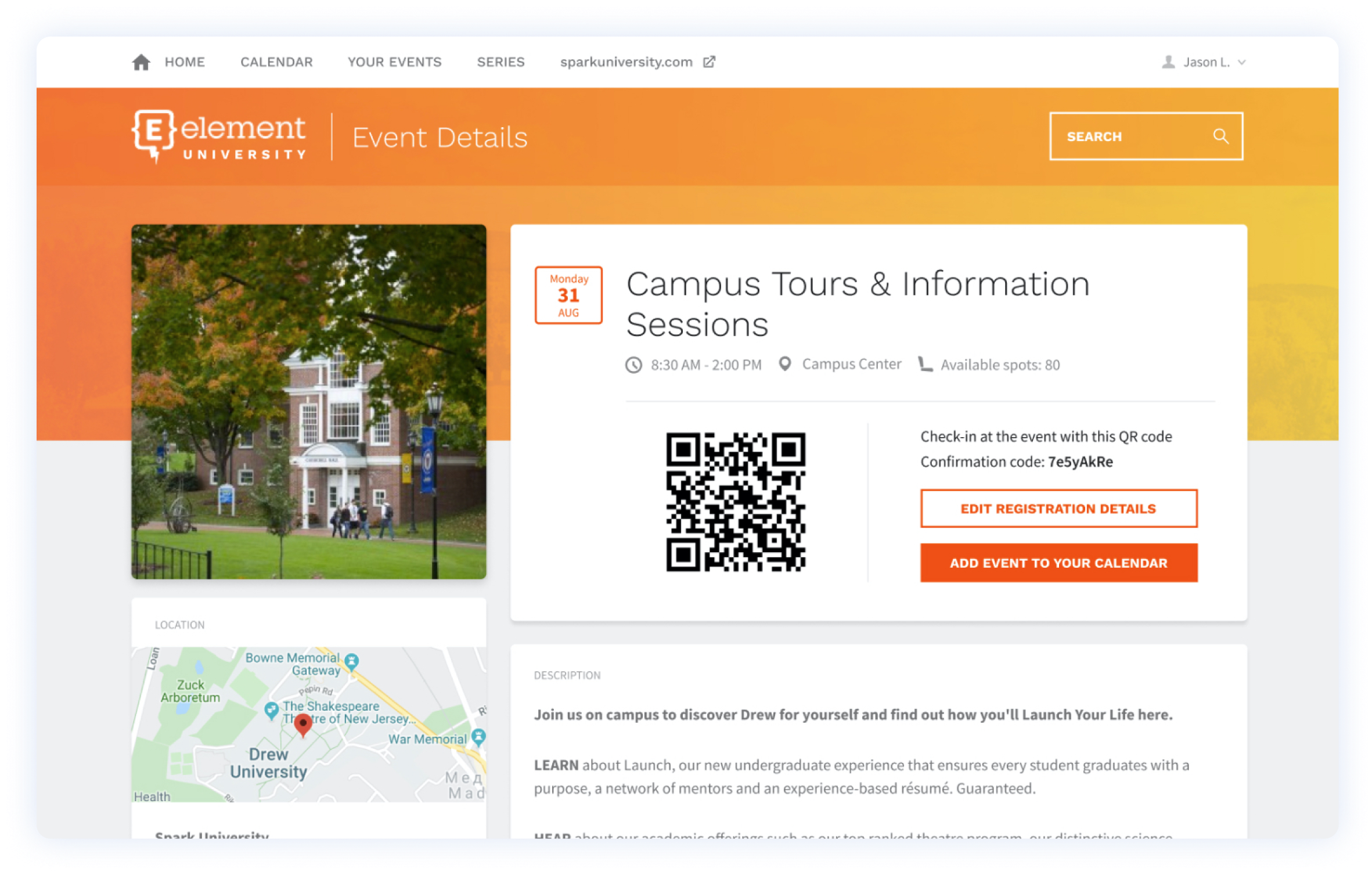 A web page screenshot of an event details page for an event in the Element451 events portal functionality. The page has a QR code to gain entry to the event, and allows the user to edit their registration details or add the event to their calendar.