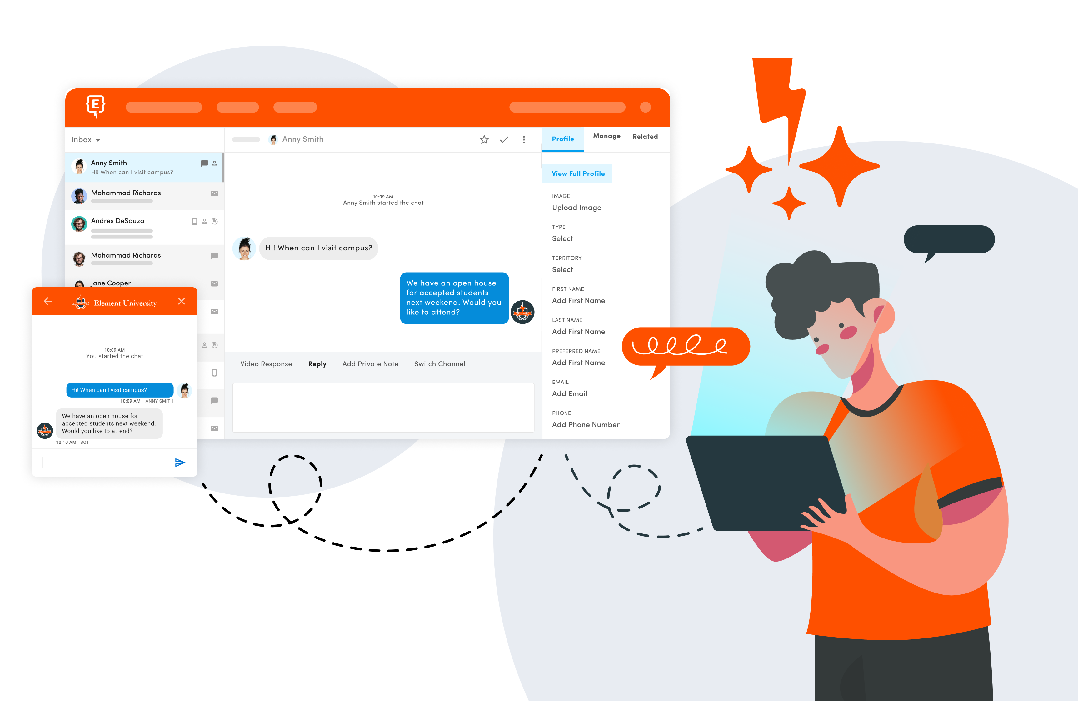 Graphic of someone using Ignite conversations features