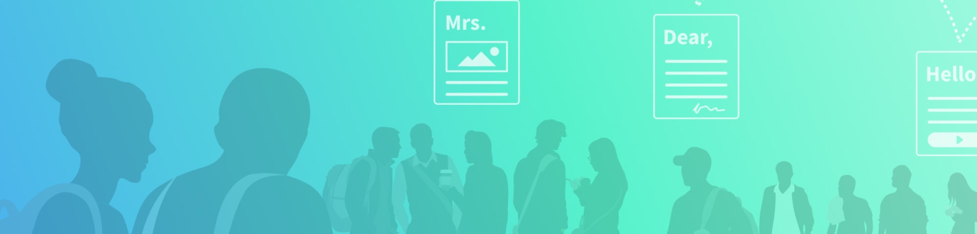 An illustration of college students as silhouettes with an overlay of email messages