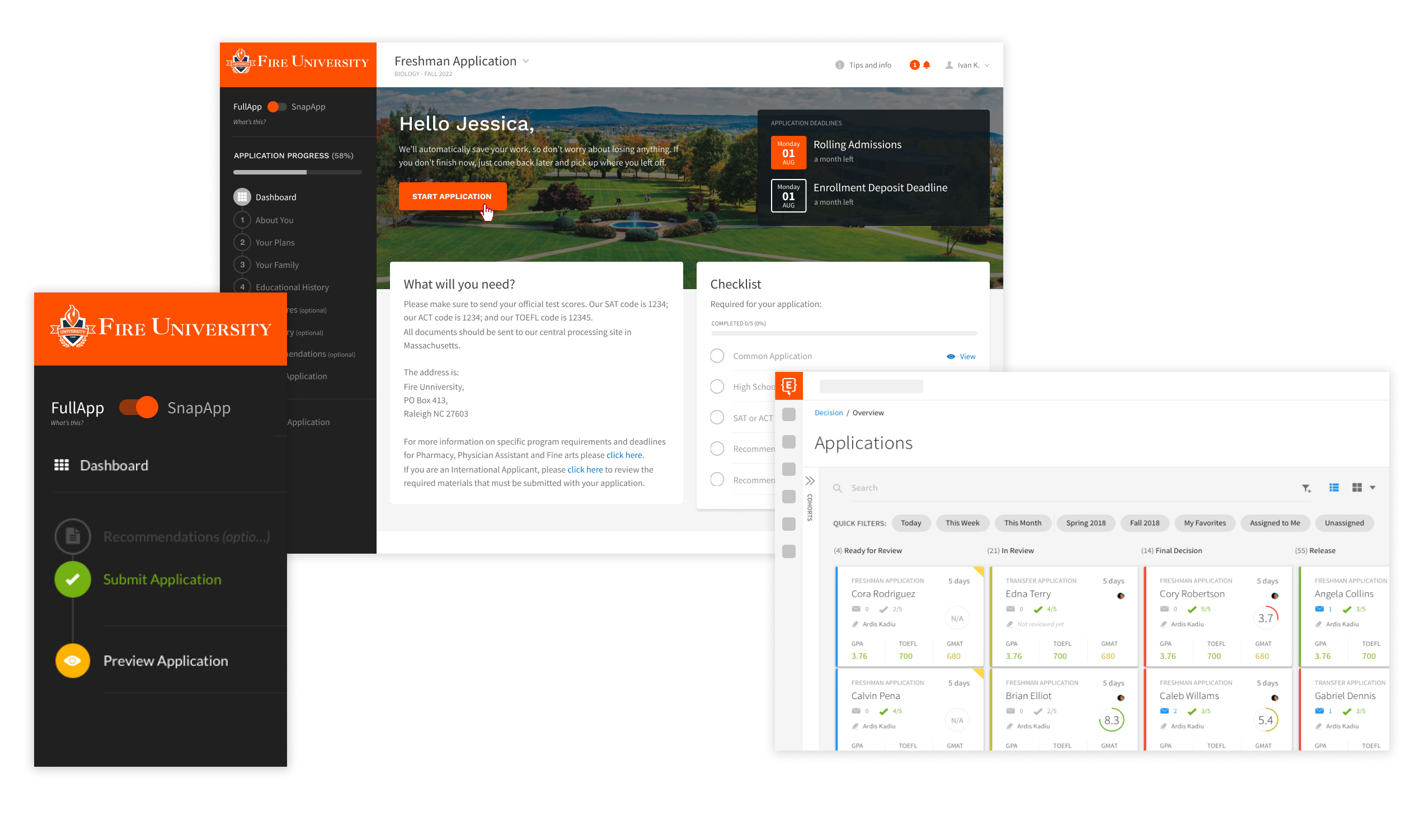 A grouping of three images from the Element451 software program's application and decisioning interfaces. Two show what the platform looks like to students who are applying. One shows what the stages of review are for evaluating applications.