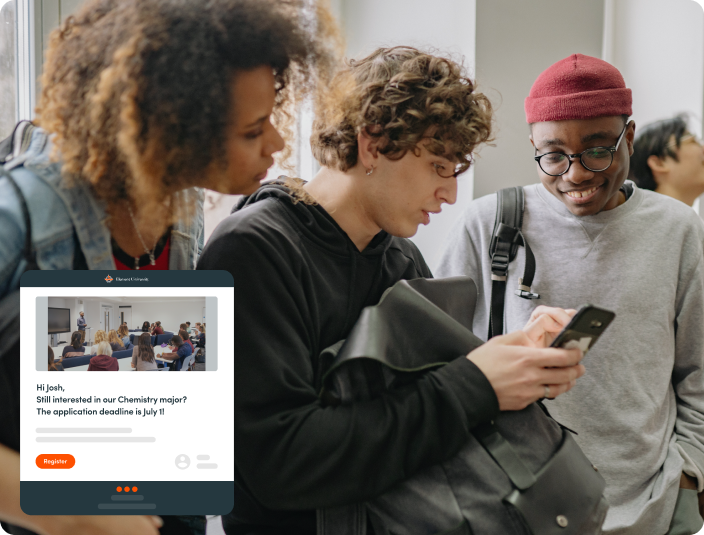 Three students looking at a phone. They are seeing a landing page for the major they are interested in.