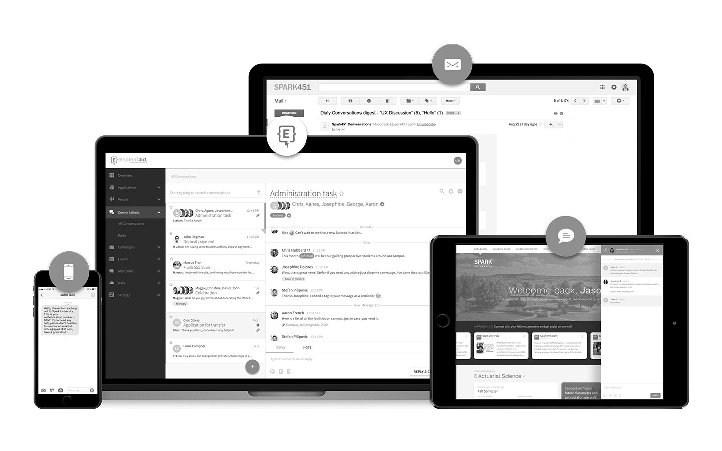 Graphical user interface of Element451 managing text, email