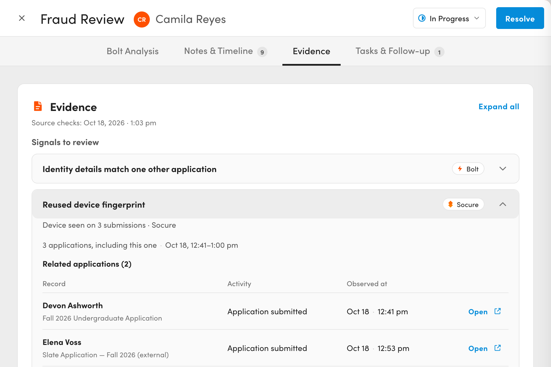 Fraud review evidence showing one device used for several applications submitted minutes apart