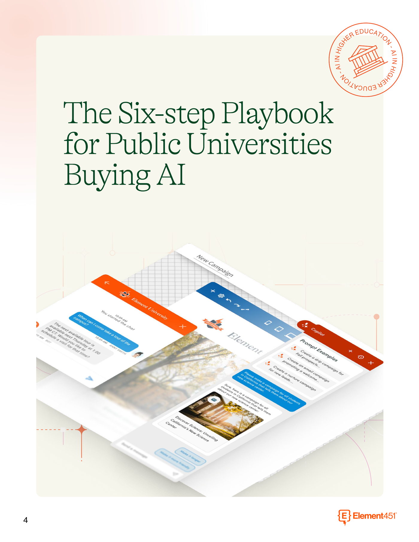 Guide page titled The Six-step Playbook for Public Universities Buying AI, with product screens showing chat, campaign, and Copilot views.