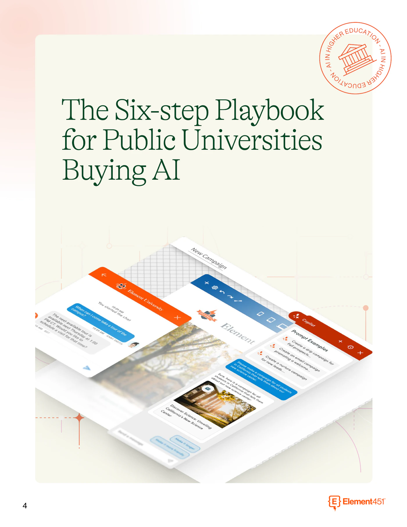Guide page titled The Six-step Playbook for Public Universities Buying AI, with product screens showing chat, campaign, and Copilot views.