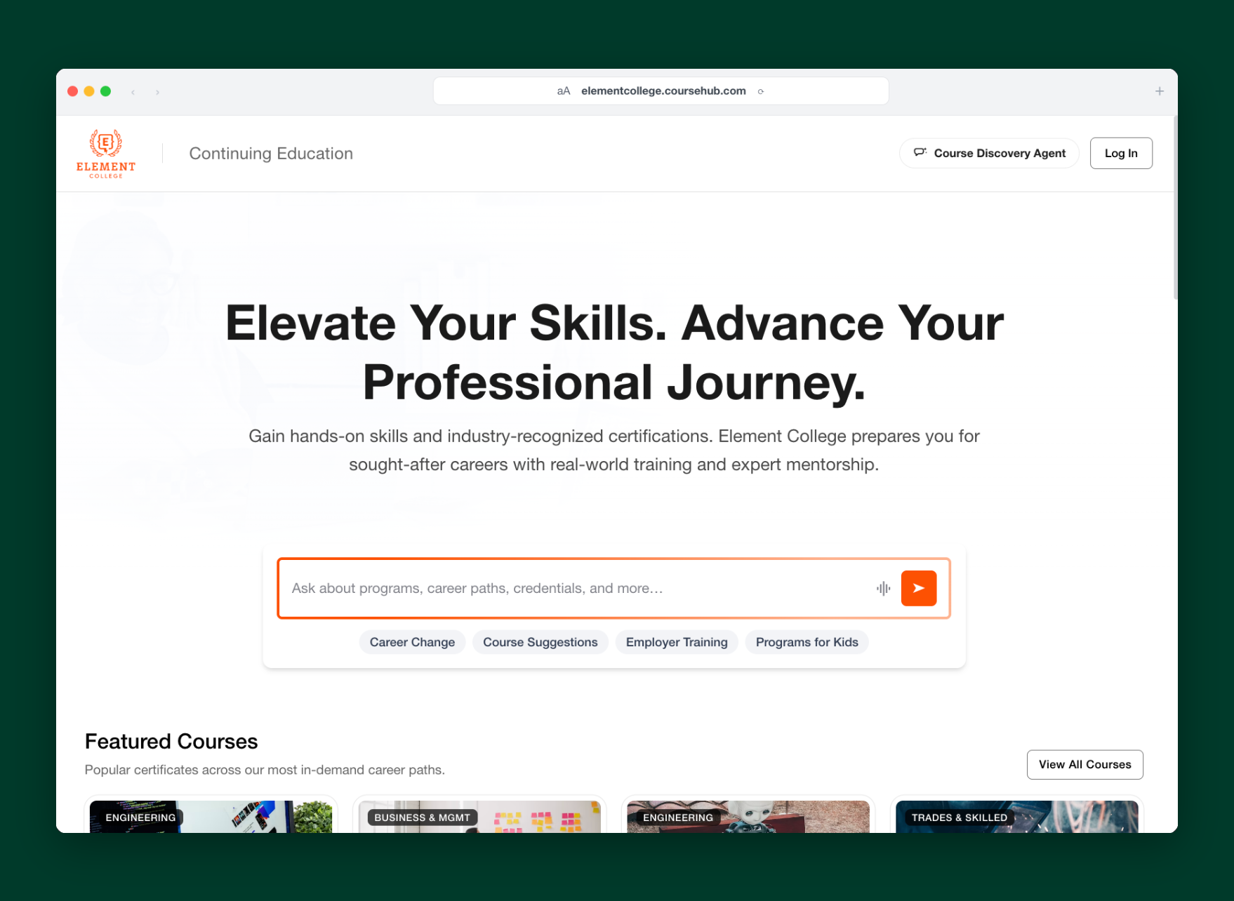 Element College continuing education homepage with an AI search bar for asking about programs, career paths, and credentials