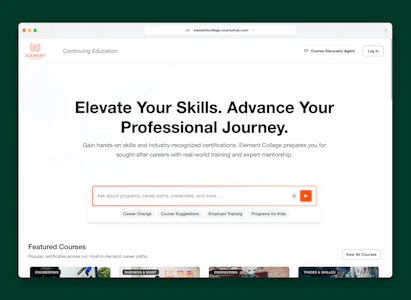Element College continuing education homepage with an AI search bar for asking about programs, career paths, and credentials