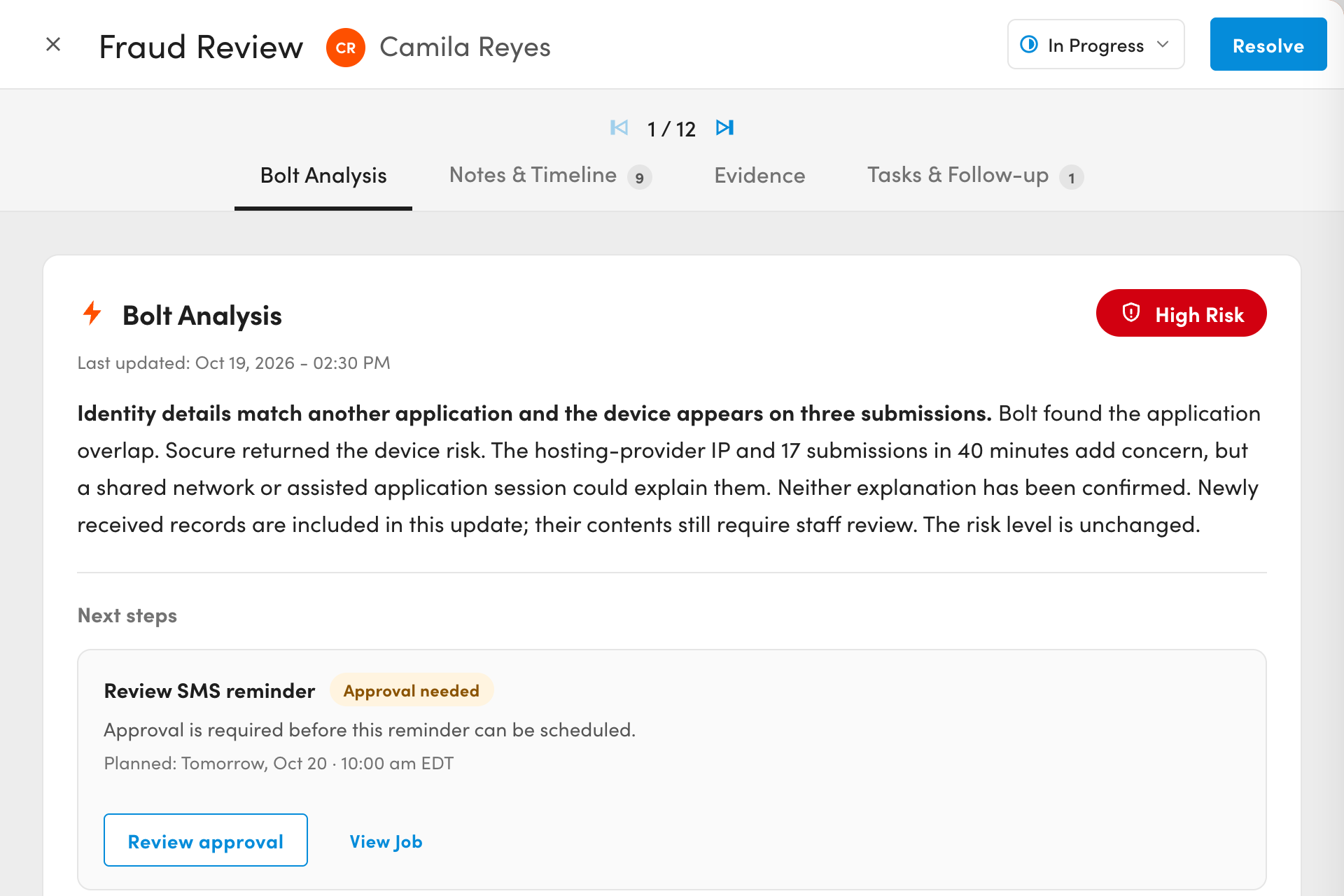 Bolt Fraud Detection and Resolution fraud review showing Bolt's analysis of a high-risk applicant and next steps