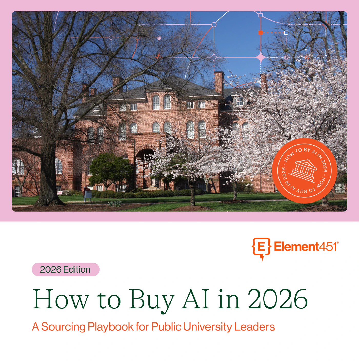 Cover of How to Buy AI in 2026: A Sourcing Playbook for Public University Leaders, showing a brick university building framed by cherry blossoms.