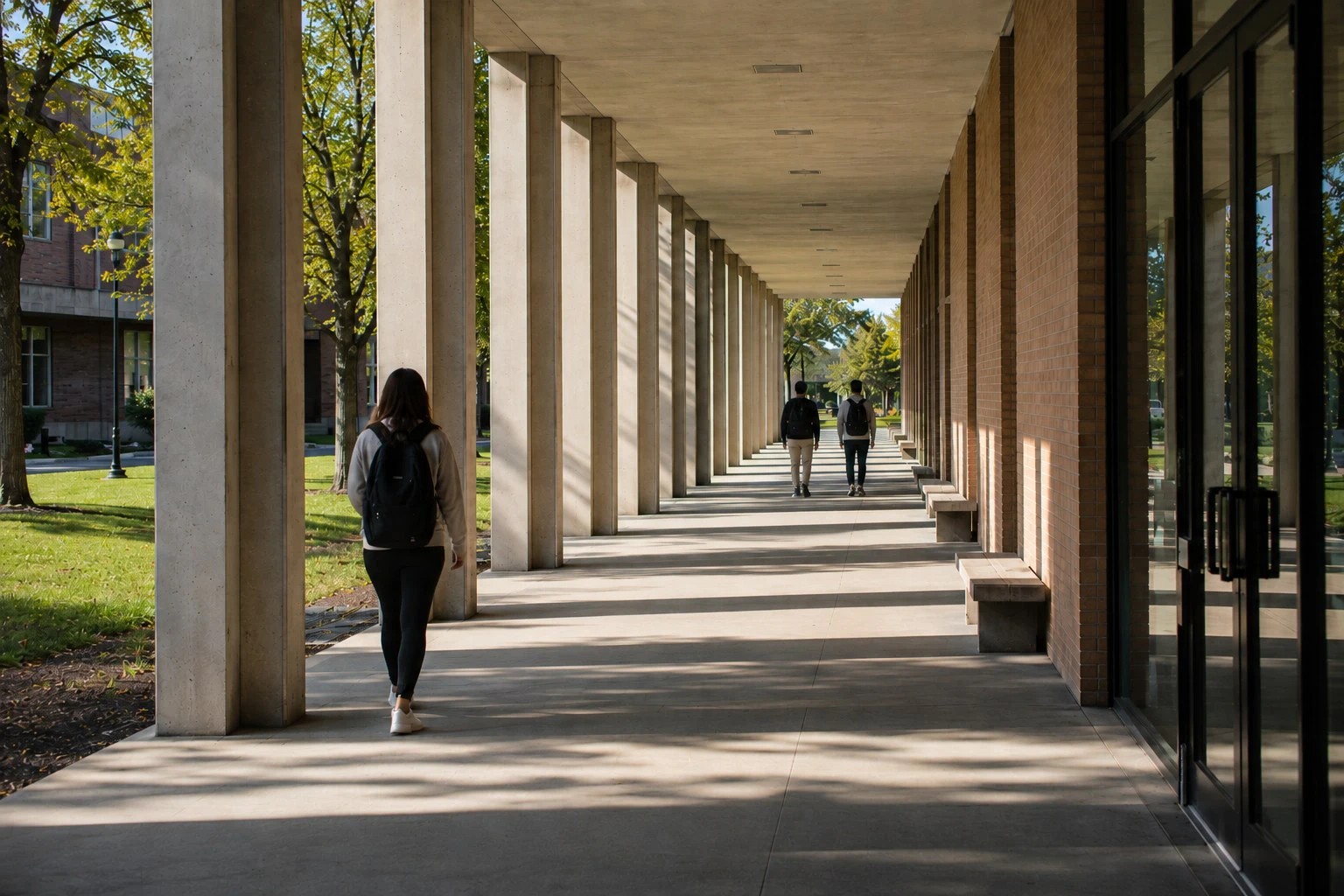 Students walking along a sunlit covered walkway on campus