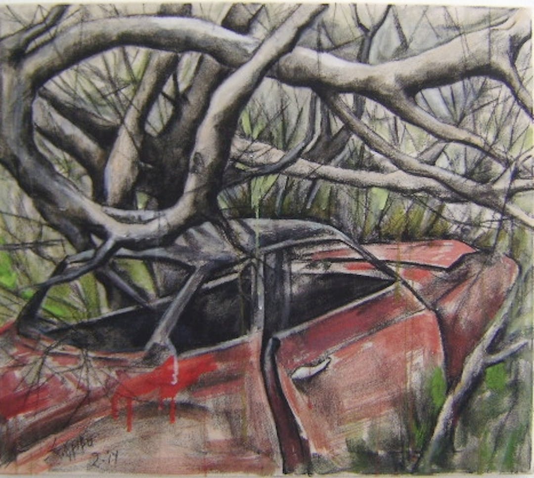 Elena Griva's painting –  car in ruins under a fig tree