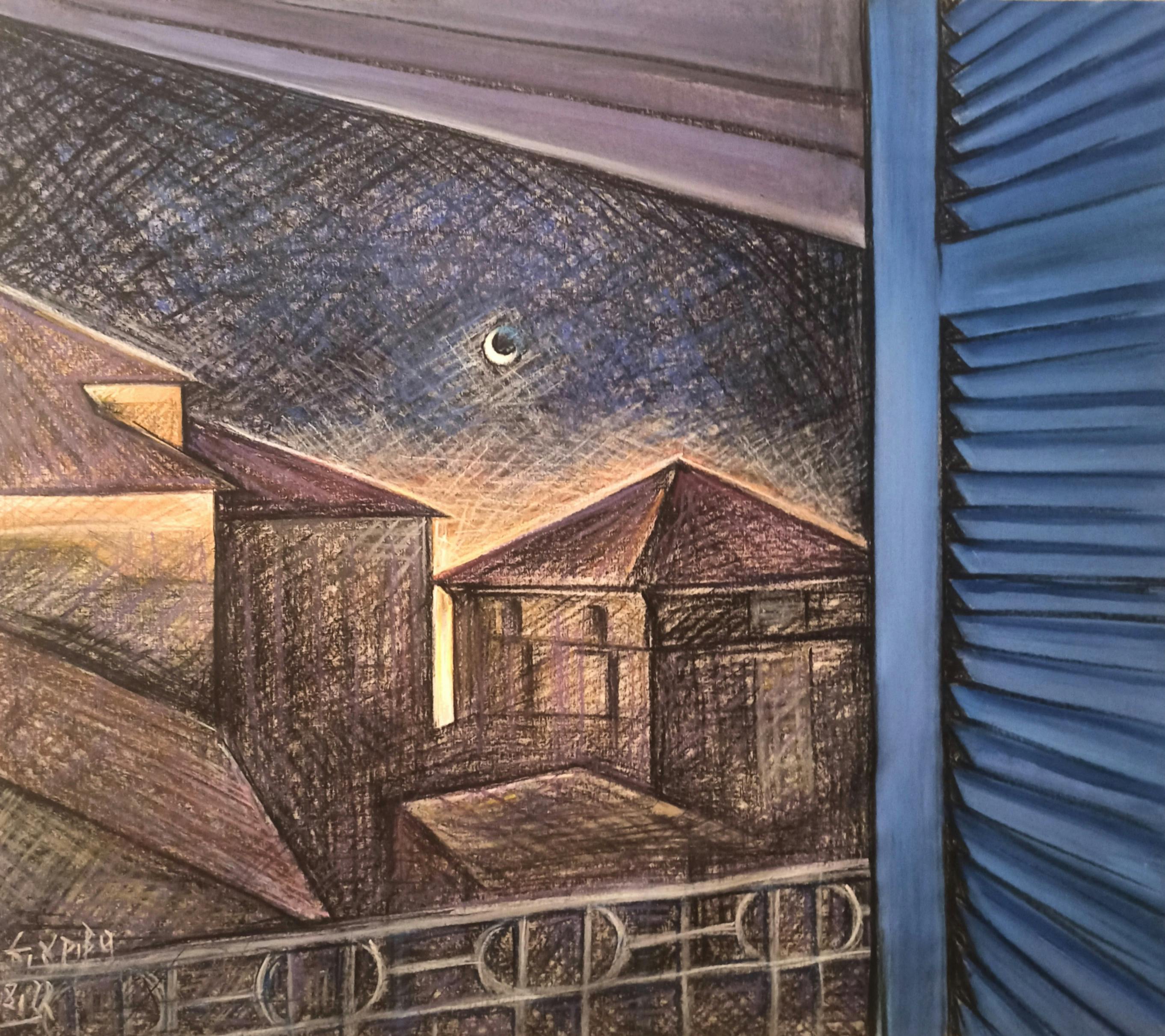 Elena Griva's painting – nightly routine, in ultra marine of 2022