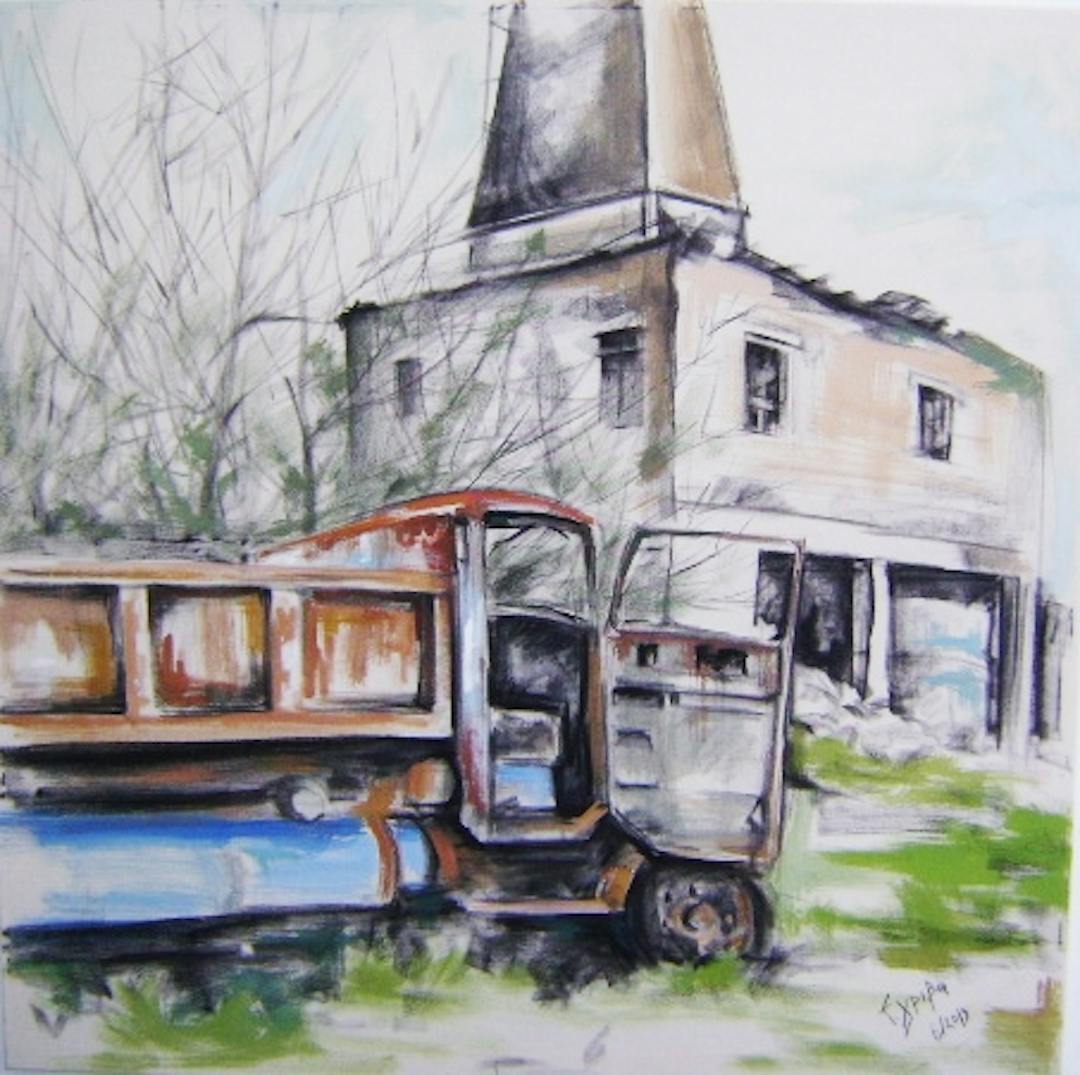 Elena Griva's painting – Ruins of buildings in village