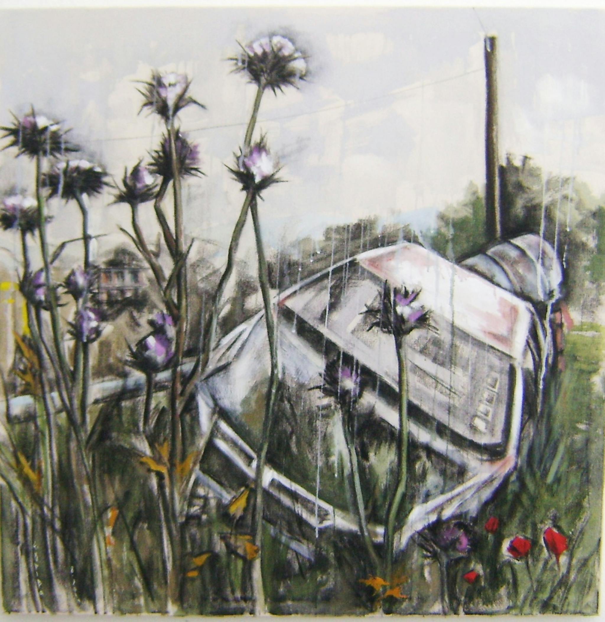 Elena Griva's painting – thistle & car in ruins