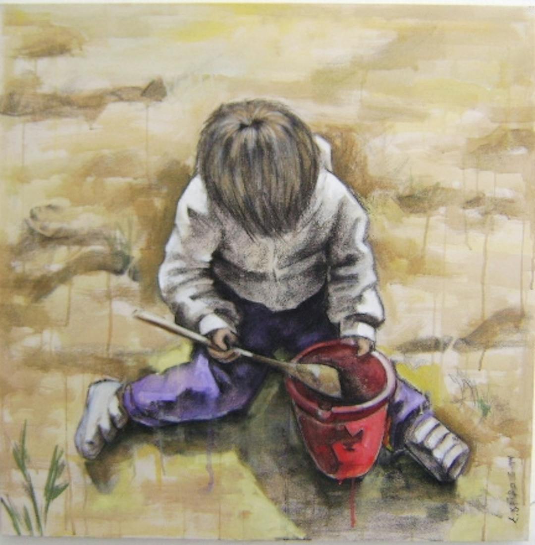 Elena Griva's painting –  kid playing in the sand 