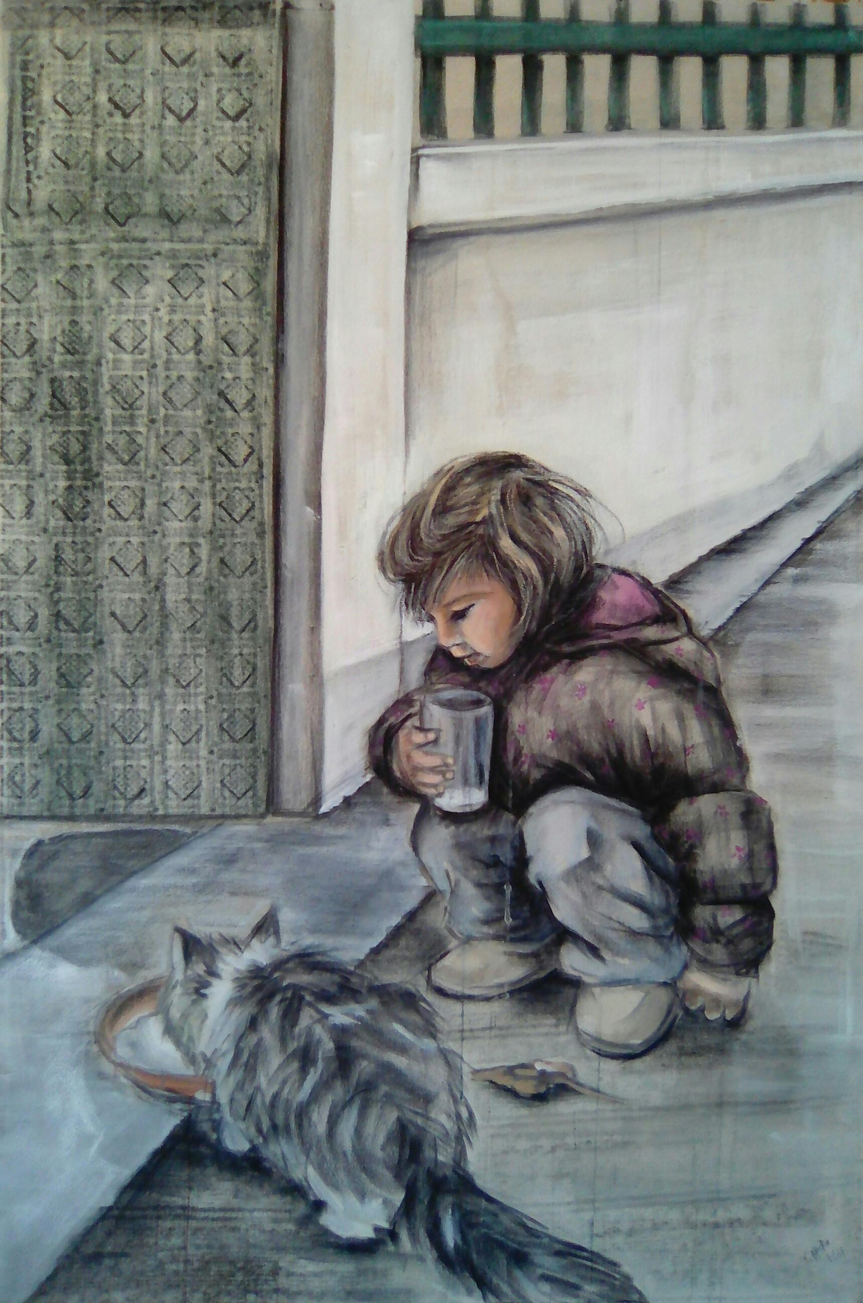 Elena Griva's painting – kid feeding car
