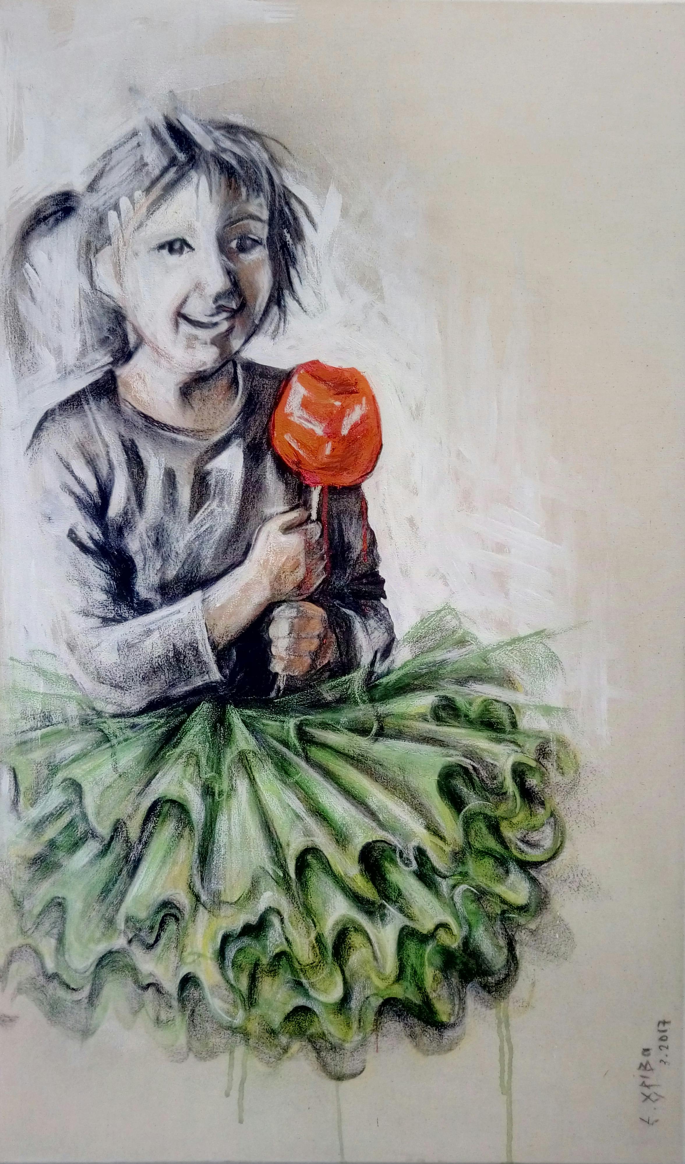 Elena Griva's painting – Kid holding a caramelized apple